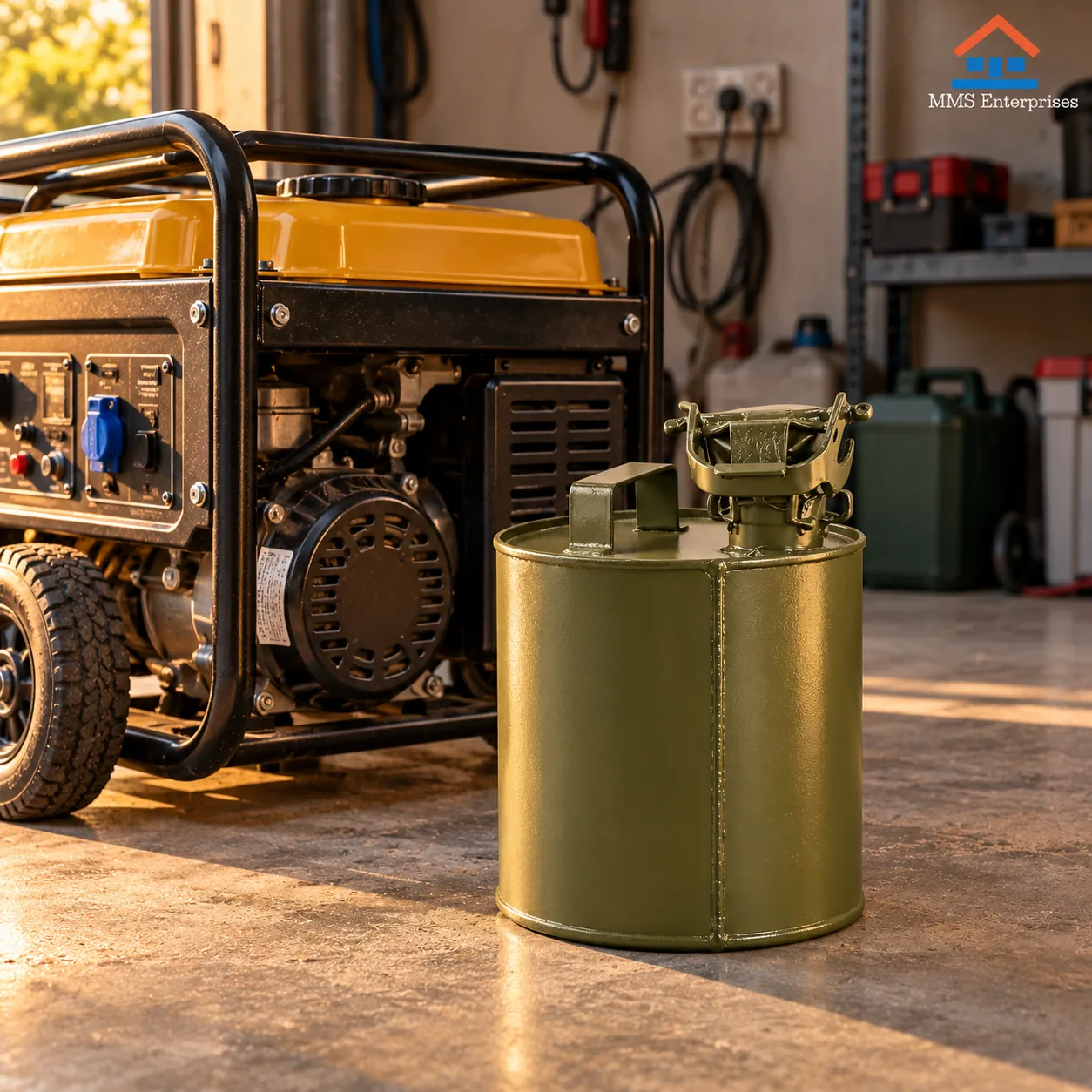Olive green steel jerry can in a workshop