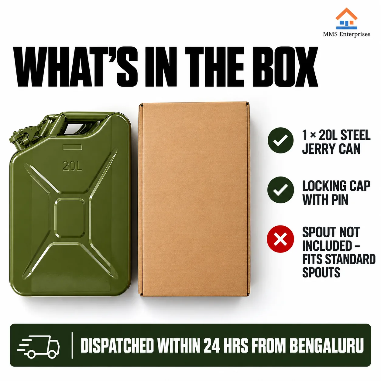 20L jerry can box contents: can and locking cap with pin, spout not included