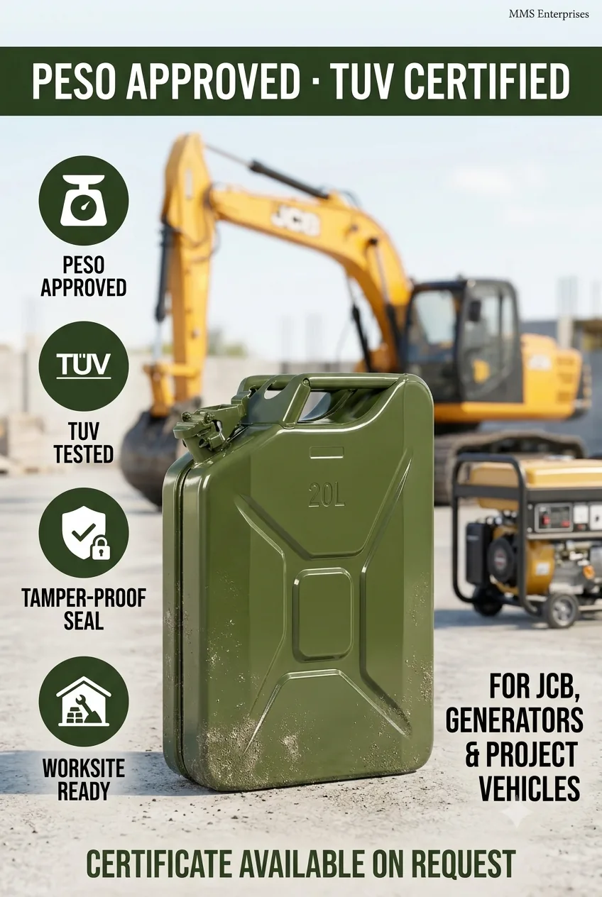 20L steel can on a construction site with excavator and generator