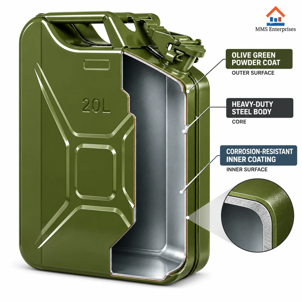 Cutaway of the 20L can showing powder coat, steel body and inner coating