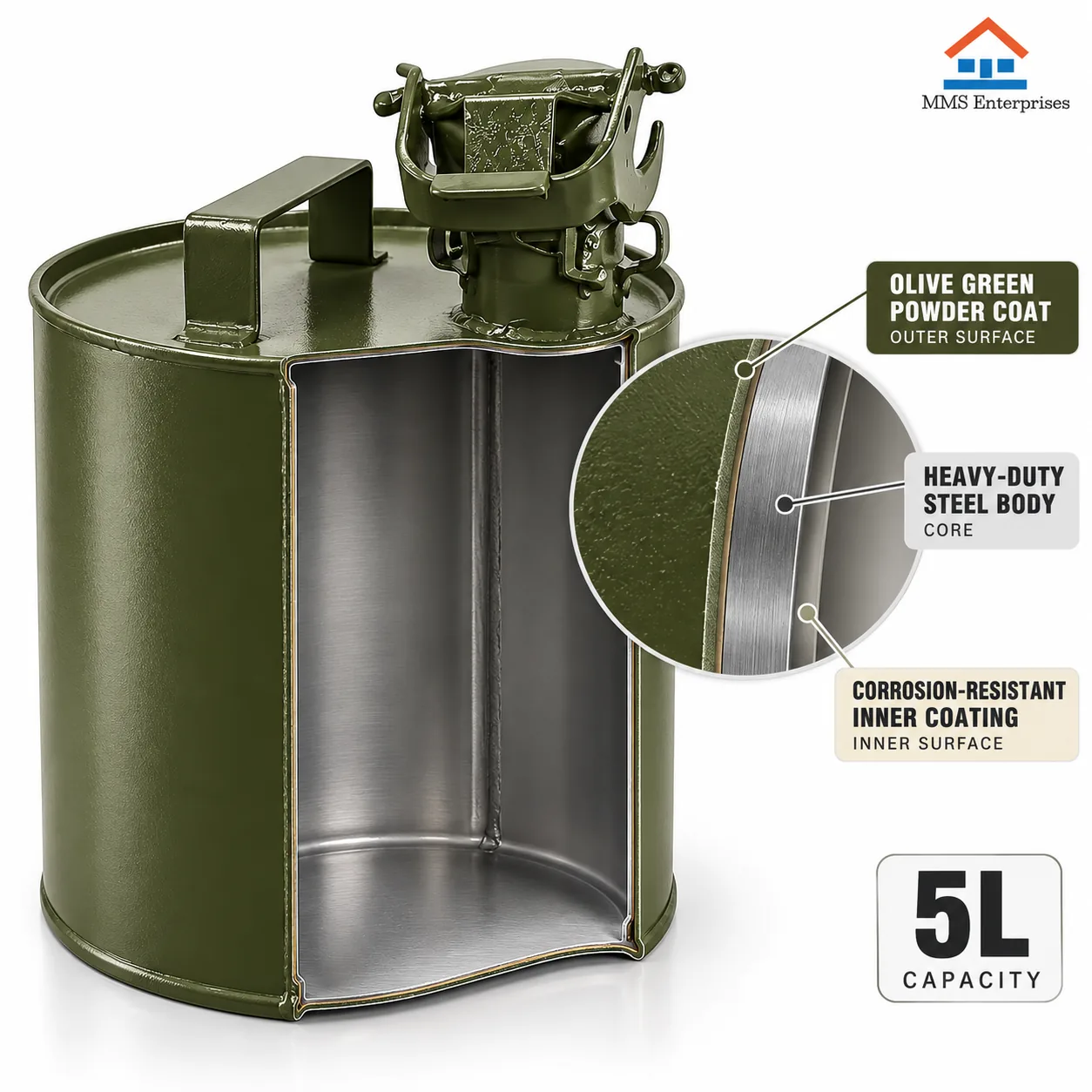 Cutaway of the 5L can showing powder coat, steel body and inner coating