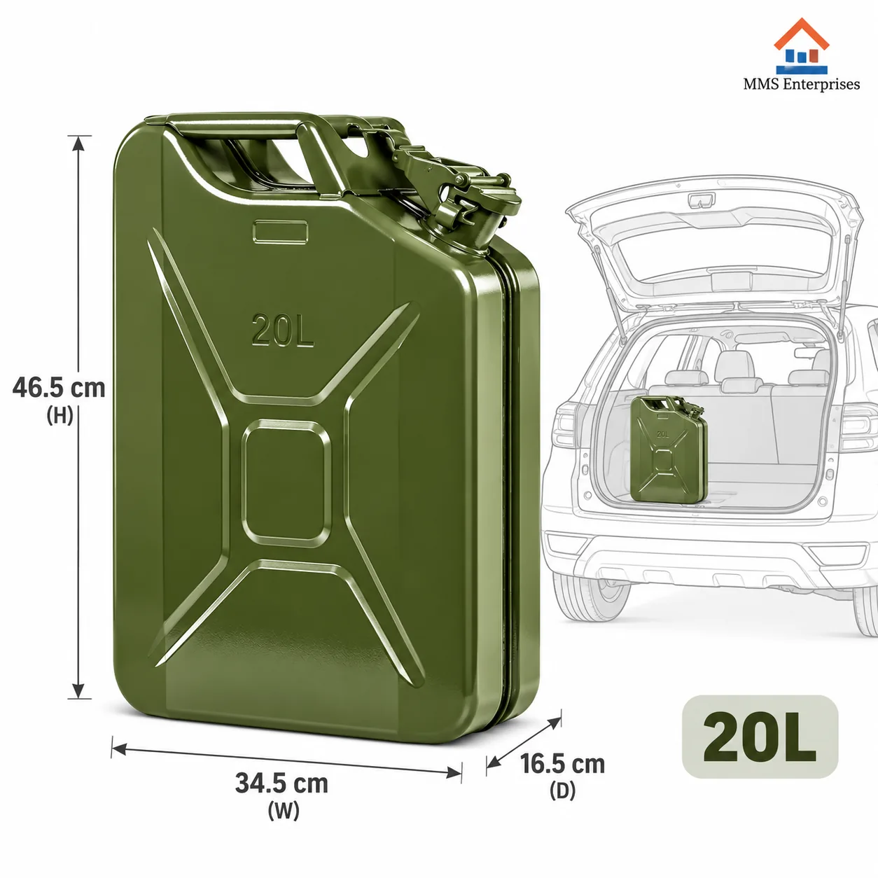 20L steel jerry can dimensions: 46.5 x 34.5 x 16.5 cm