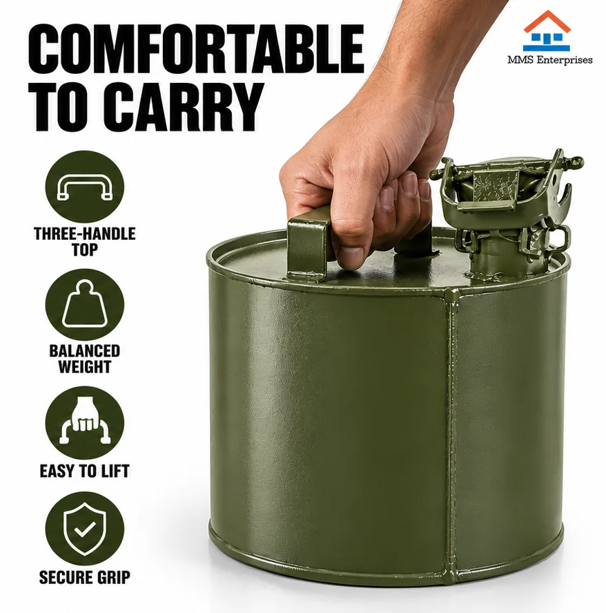 Hand carrying the 5L steel can by its top handle
