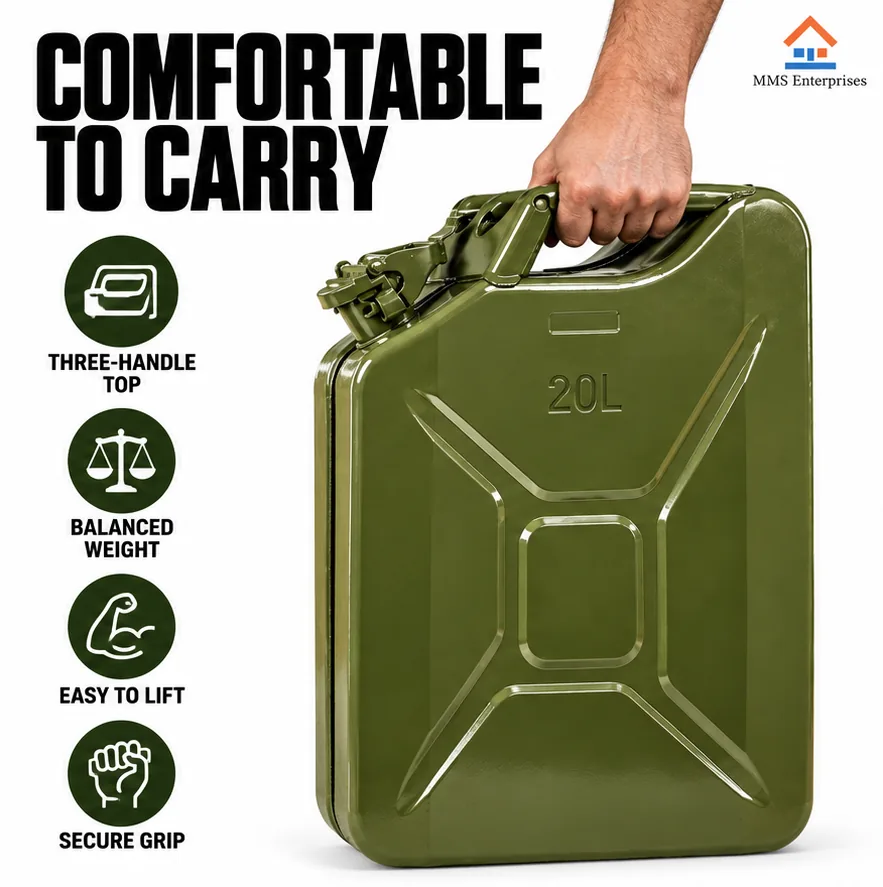 Hand carrying the 20L steel can by its three-handle top
