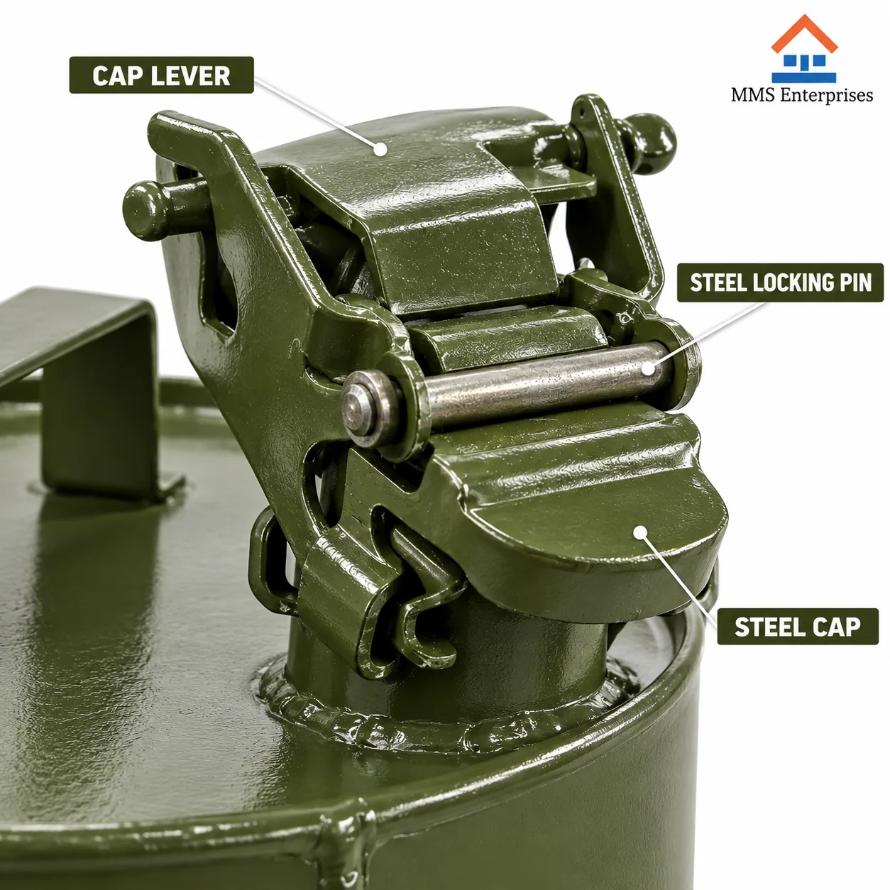 Lever-action locking cap with steel safety pin on the 5L can