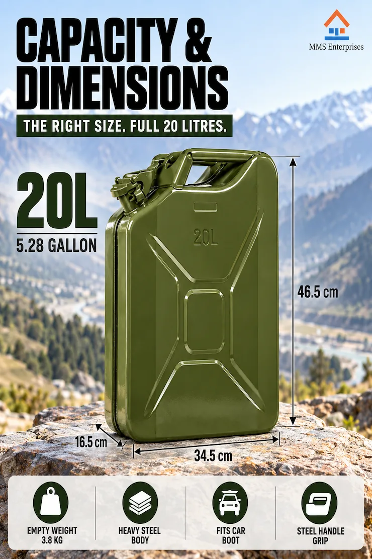 Capacity & dimensions infographic for the 20L can