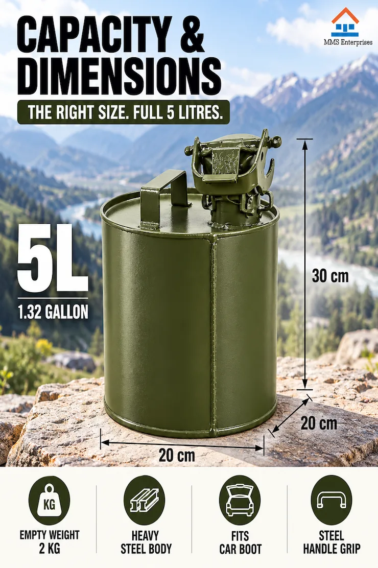 Capacity & dimensions infographic for the 5L can