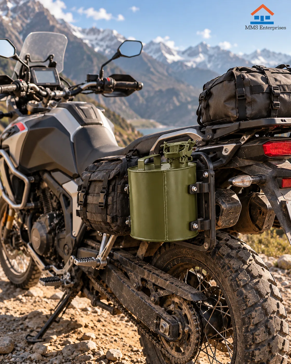 5L steel petrol can carried on a motorcycle