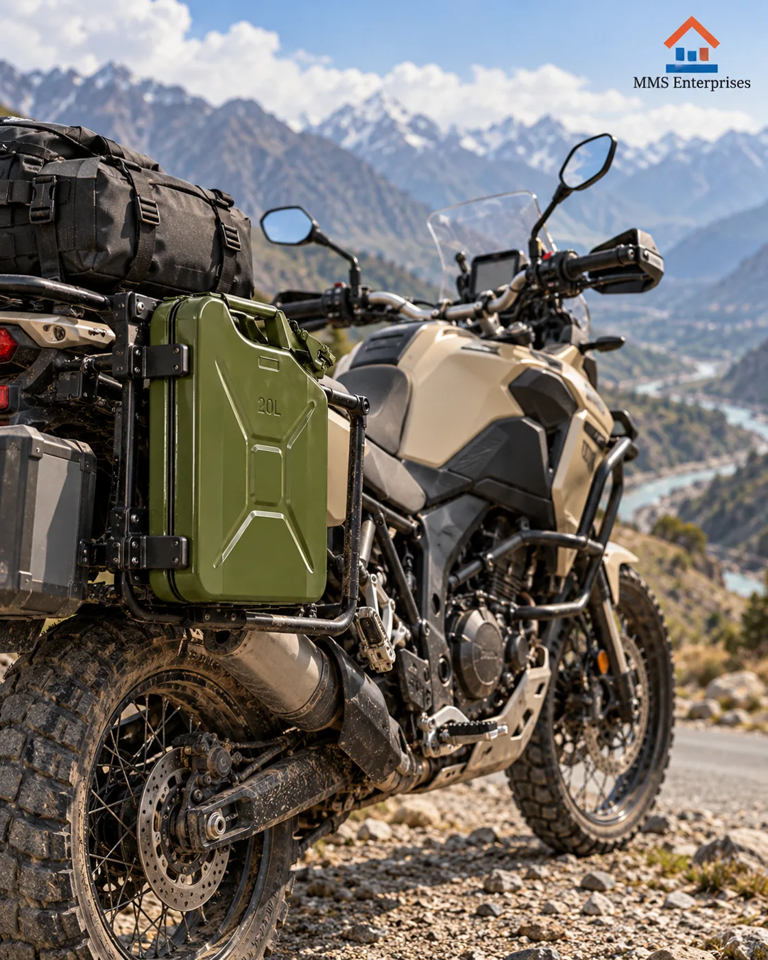 20L steel jerry can mounted on a motorcycle