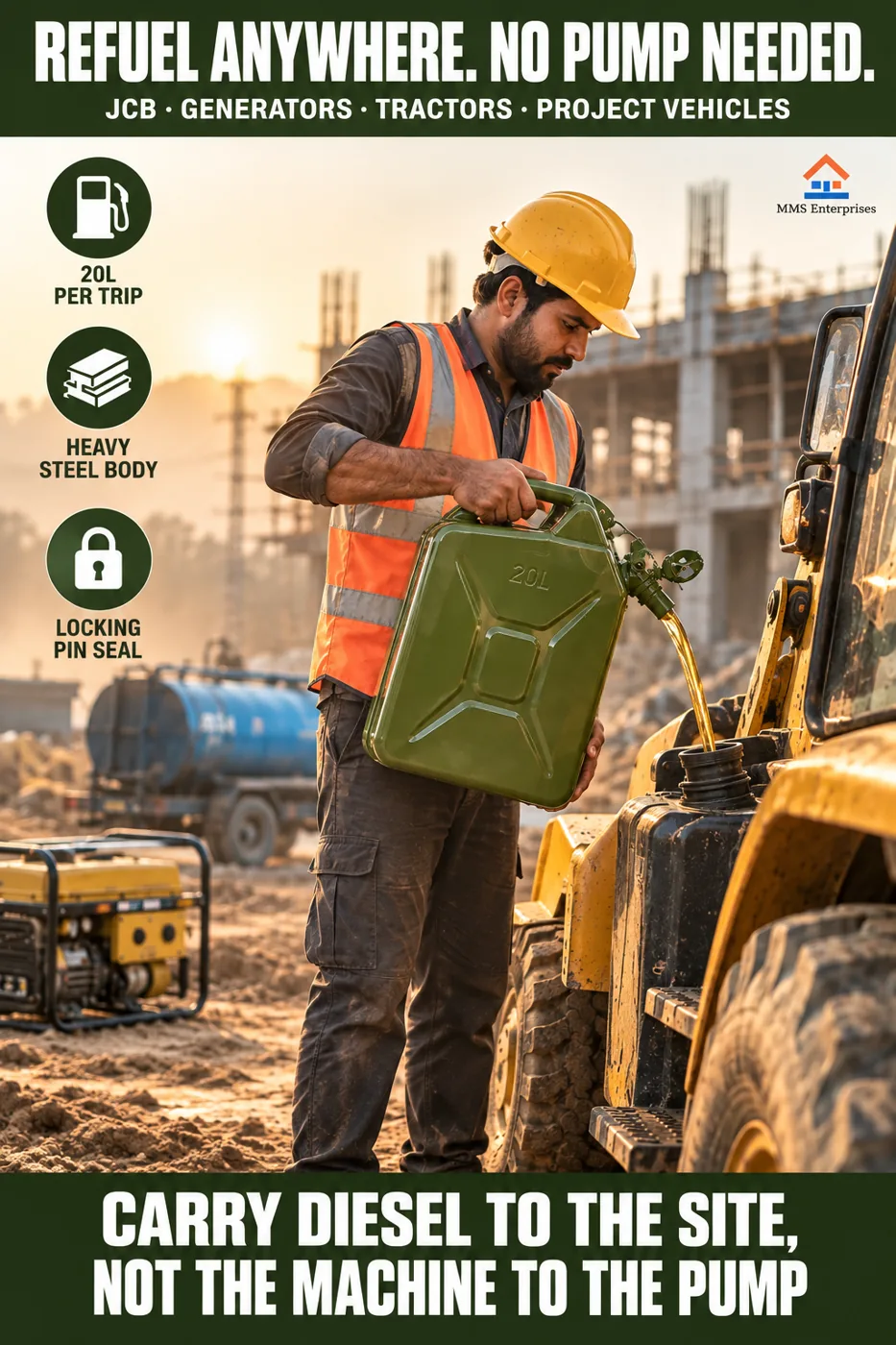 Worker refuelling a JCB from a 20L steel can